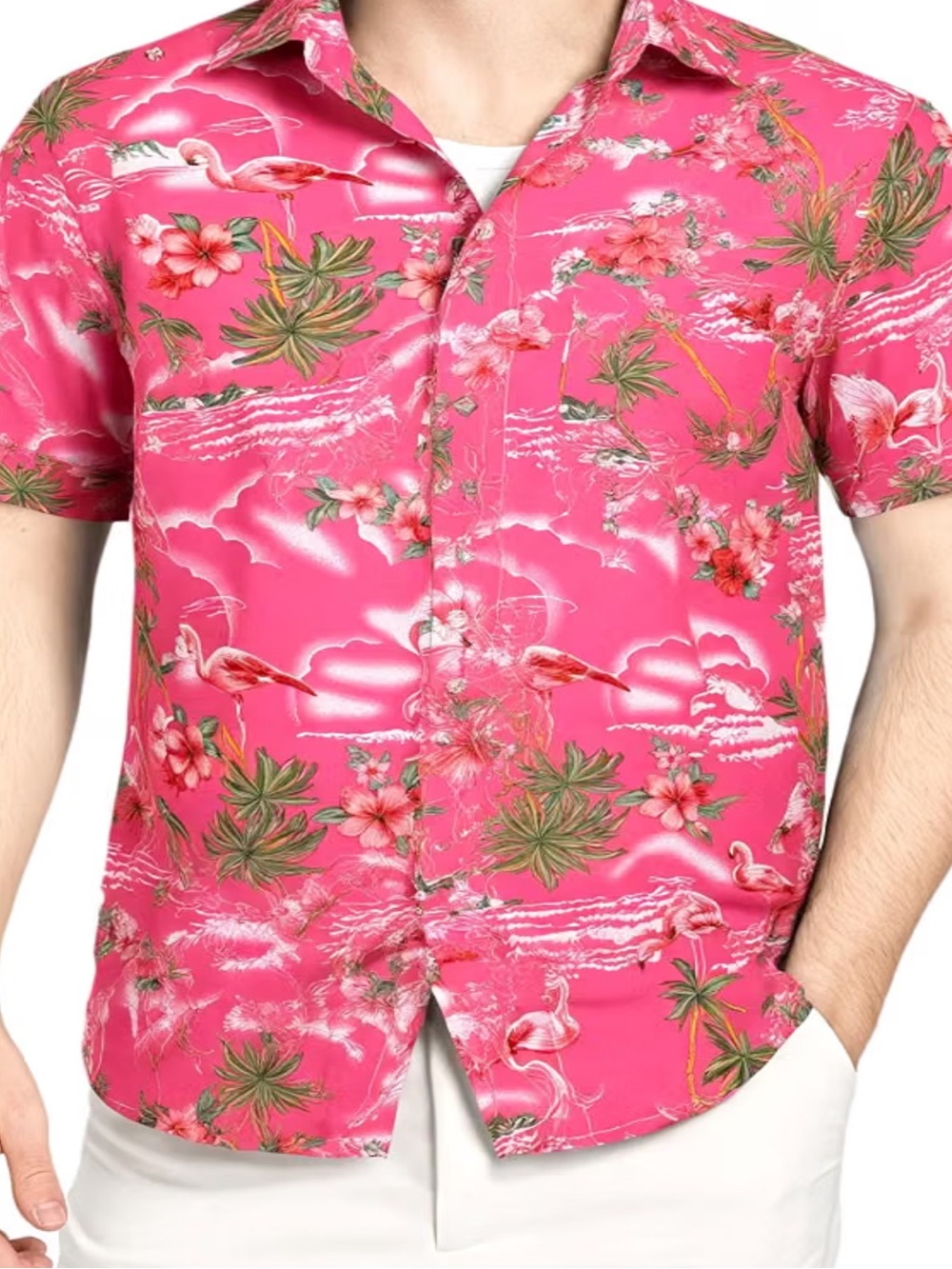 Men / Teen - Pink Tropical / Hawiian Print Short-Sleeve Shirt ( NEVER WORN ) - Picture 7 of 10